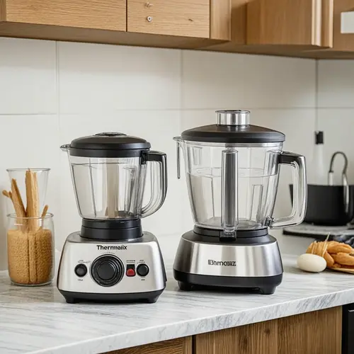 Robot de cocina y procesador de alimentos colocados juntos en una encimera de cocina