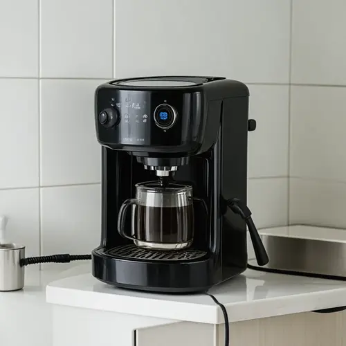 Cafetera pequeña para cocinas con poco espacio colocada en una encimera estrecha con taza, cable y hueco de uso real