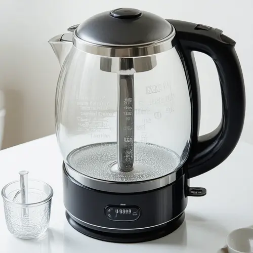 Cómo limpiar la cal de un hervidor de agua con depósito abierto, marcas minerales visibles y preparación de limpieza sencilla