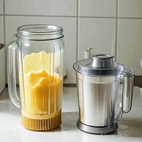 Cómo limpiar una batidora o licuadora rápido y bien con vaso aclarado, filtro visible y utensilios suaves sobre encimera limpia