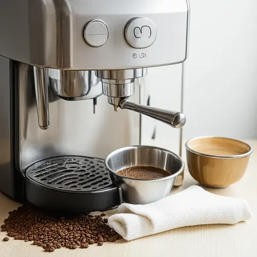 Cómo limpiar una cafetera para que el café sepa mejor con portafiltro limpio, paño suave y restos de café recién retirados
