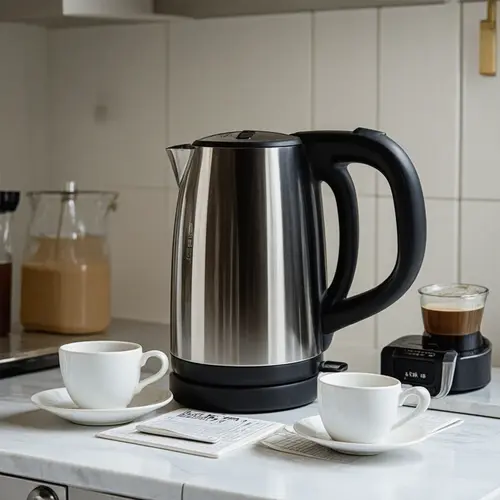 Hervidor de agua eléctrico junto a una taza de té y una cafetera de filtro en una encimera