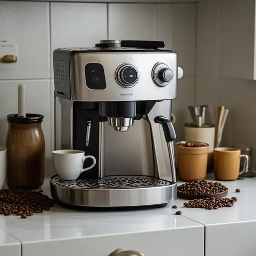 Cafetera para café diario en una encimera con taza, molinillo y accesorios de uso habitual