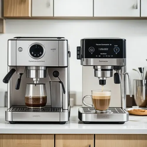 Cafetera superautomática o exprés manual comparadas en una cocina doméstica con taza servida
