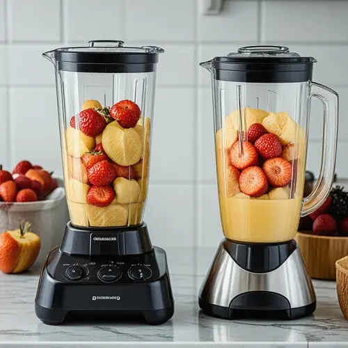 Potencia batidora de vaso con ingredientes blandos, fruta congelada y vaso de mezcla para comparar exigencias reales