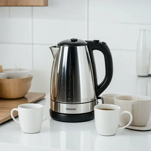 Capacidad hervidor de agua comparada con varias tazas, una cocina pequeña y diferentes niveles de llenado