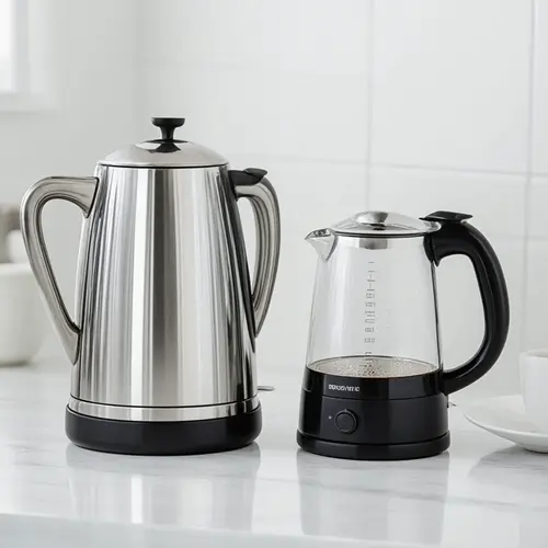 Hervidor acero inoxidable o cristal comparados en una cocina doméstica con tazas y uso diario