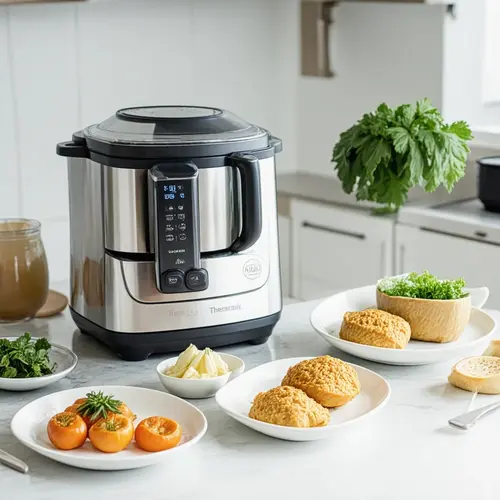 Robot de cocina según personas en una cocina doméstica con raciones y accesorios habituales