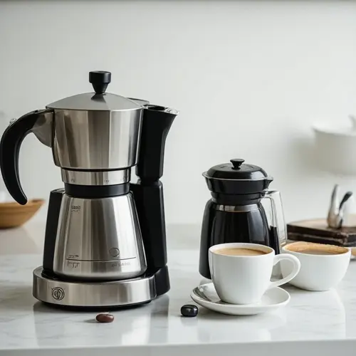 Una cafetera italiana y una cafetera de cápsulas juntas sobre una encimera con dos tazas de café