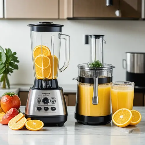 Batidora de vaso y licuadora juntas sobre una encimera con fruta cortada y dos bebidas distintas