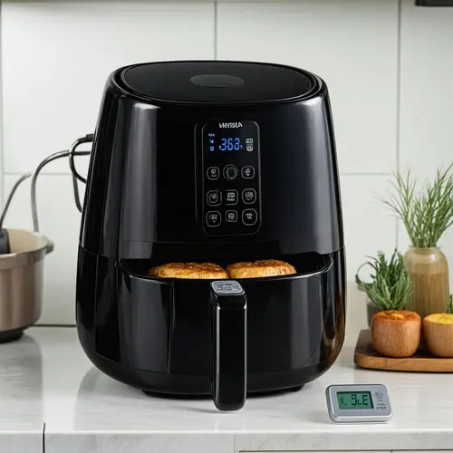 Cuánto consume una freidora de aire con medidor eléctrico, cesta en uso y tiempo de cocinado visible en una cocina real