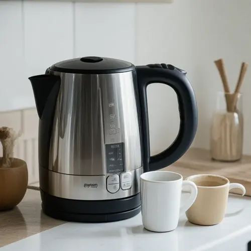 Cuánto consume un hervidor de agua con medidor sencillo, nivel de llenado y una taza preparada en una cocina real