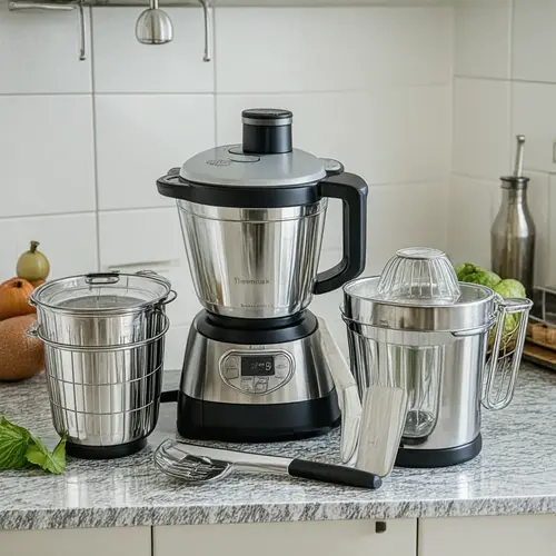 Accesorios del robot de cocina colocados sobre una encimera con usos reales de cocina diaria