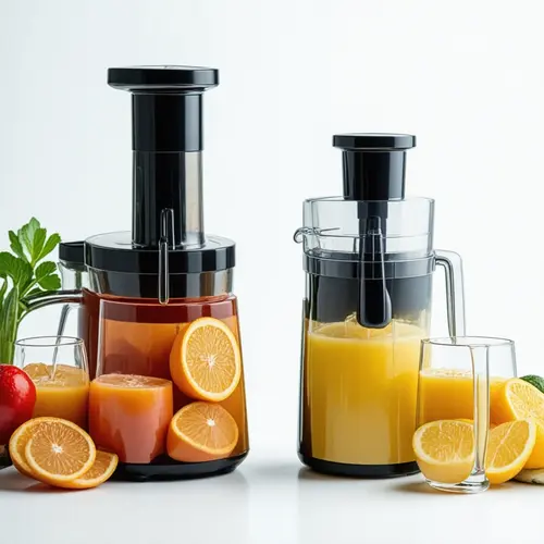 Licuadora centrífuga o de prensado en frío comparadas con frutas, verduras y vasos de zumo de textura distinta