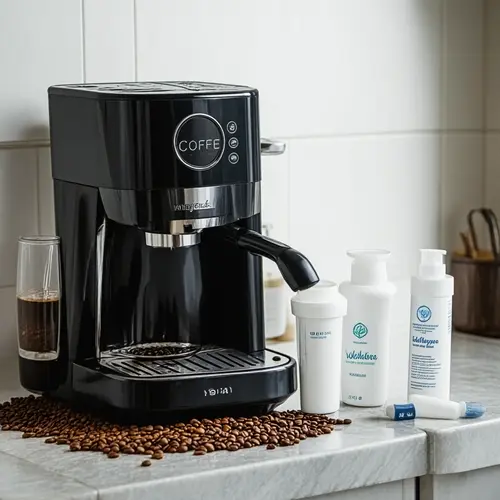 Cuánto cuesta mantener una cafetera con café, productos de limpieza, filtro y piezas de uso diario sobre la encimera