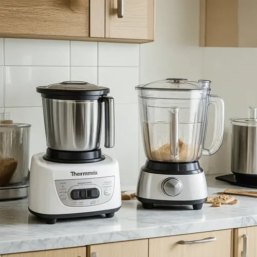 Tres freidoras de aire de distinto tamaño sobre una encimera con platos para una, dos y cuatro personas