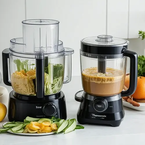 Preparación de ingredientes con procesador de alimentos y cocinado guiado con robot de cocina en una cocina doméstica