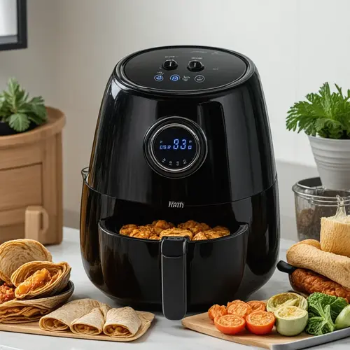 Freidora de aire en uso con wraps, verduras asadas y recalentado crujiente en una rutina casera variada