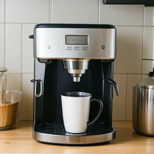 Cafetera compacta con apertura de depósito, taza alta y acceso cómodo en una encimera pequeña y despejada