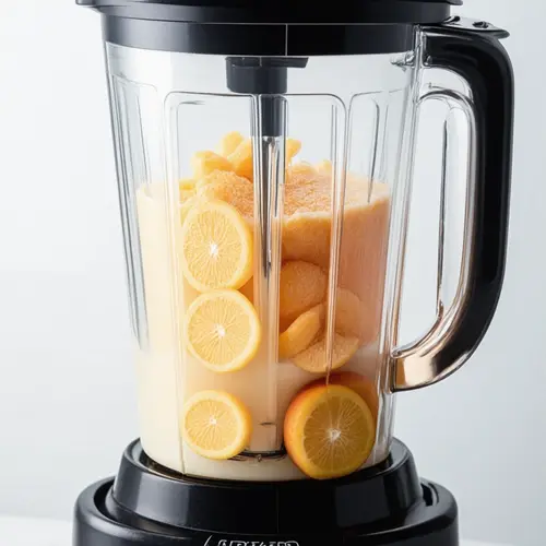 Smoothie casero con ingredientes bien ordenados, fruta congelada controlada y batidora en uso doméstico