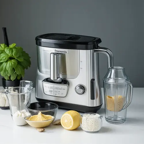 Primer uso del robot de cocina con receta sencilla, ingredientes medidos y accesorios correctos listos para cocinar