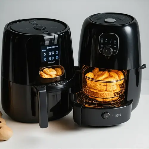 Freidora con ventana iluminada y modelo sin ventana con apertura breve para comprobar el punto en cocina real