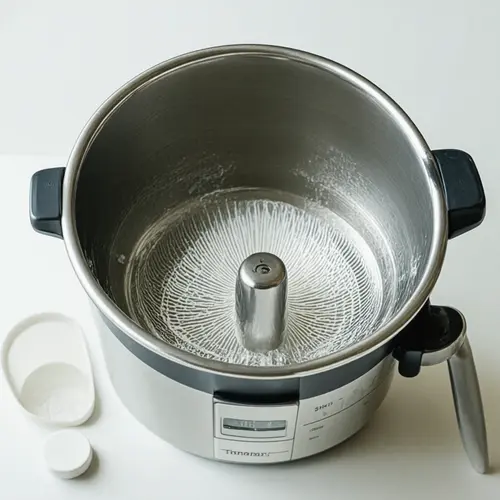 Limpieza de robot de cocina con vaso en aclarado corto, junta revisada y accesorios mínimos sobre encimera despejada