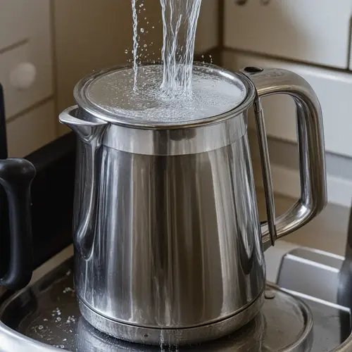 Descalcificación de hervidor con aclarado final, filtro revisado y agua limpia lista para una última ebullición