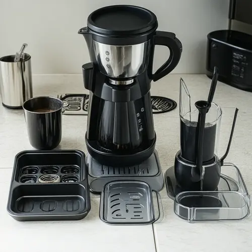 Limpieza de cafetera con jarra, bandeja de goteo y boquilla revisadas por separado sobre encimera limpia