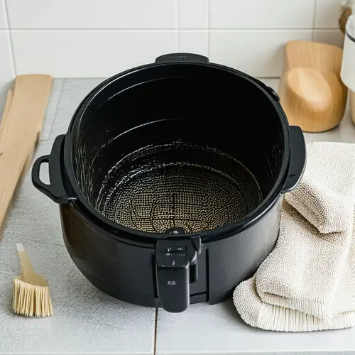 Limpieza de cestillo de freidora con remojo corto, cepillo blando y secado completo sobre encimera ordenada