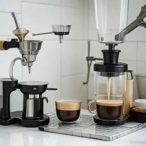 Cafetera superautomática o exprés manual en uso con molienda, portafiltro y limpieza sobre encimera