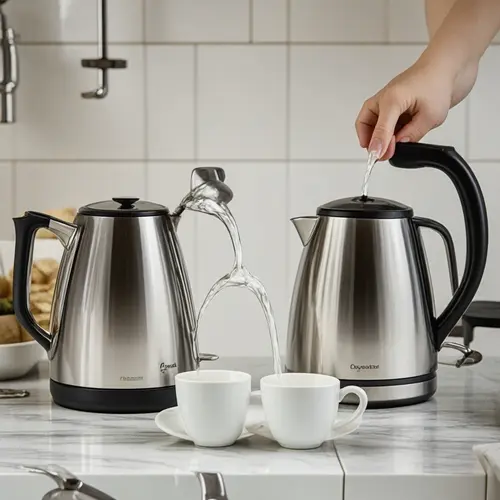 Capacidad hervidor de agua con vertido real, varias tazas preparadas y comparación entre formato compacto y formato amplio