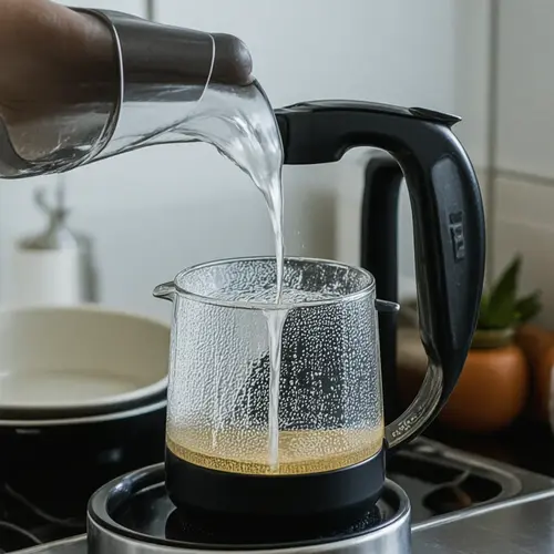 Hervidor acero inoxidable o cristal con detalle del interior, la cal y el gesto de servir agua en casa