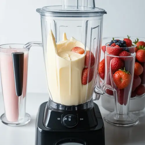 Batidora según lo que preparas con vaso servido, salsa cremosa y mezcla con fruta congelada