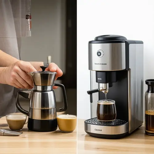 Preparación de café con cafetera italiana y con cafetera de cápsulas en una rutina doméstica