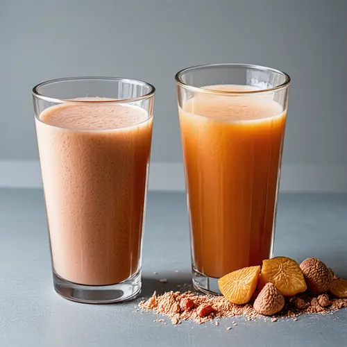 Smoothie espeso en vaso y zumo filtrado junto a pulpa sobrante de una licuadora