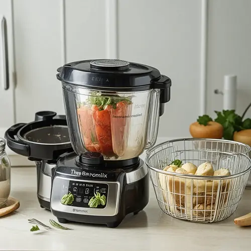 Accesorios del robot de cocina en uso con vaporera, cestillo y preparación de una receta completa