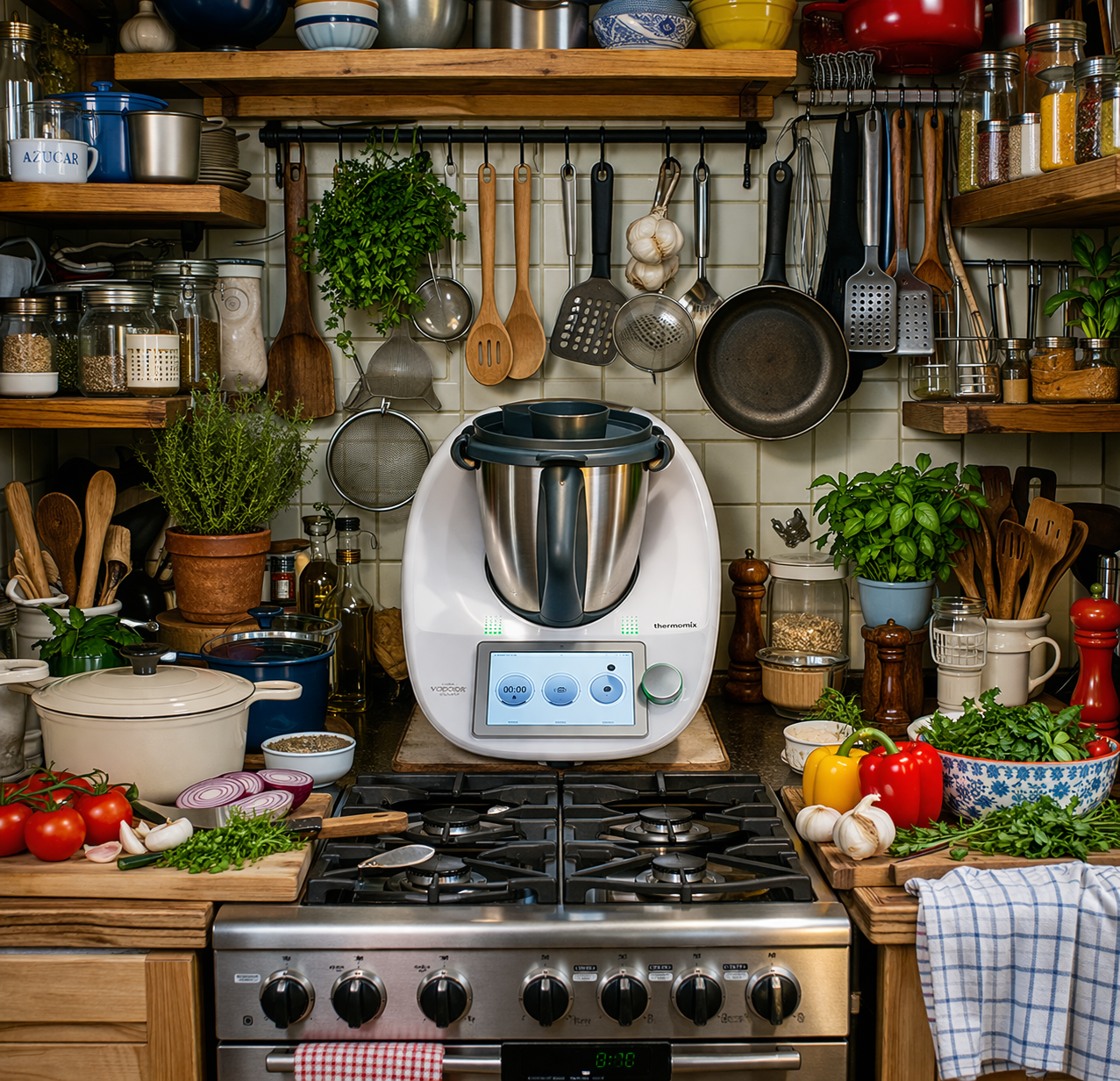 una-cocina-pequena-llena-de-electrodomesticos-donde-un-robot-de-cocina-ocupa-el-lugar-central