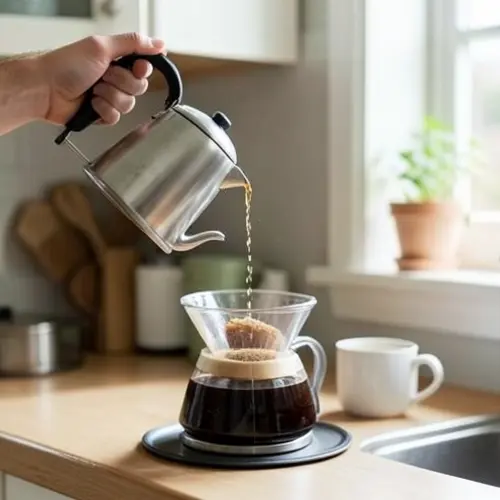 Cuando conviene un hervidor de cuello de cisne en casa con vertido preciso sobre cafe filtrado en una cocina domestica