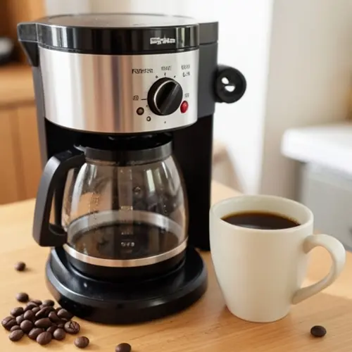 Por qué el café sale aguado y cómo corregirlo según la cafetera con una taza clara, una cafetera doméstica y ajustes de molienda a la vista
