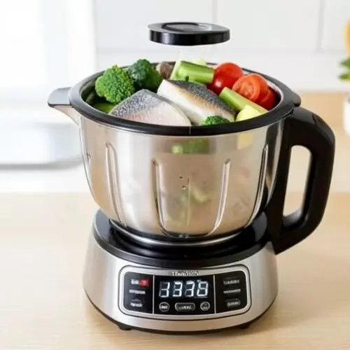 Errores comunes al usar la función vapor en un robot de cocina con vaporera doméstica bien organizada y piezas cortadas de tamaño regular