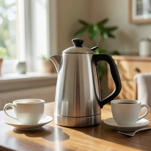 Hervidor silencioso qué mirar antes de comprar con doble pared, taza y escena tranquila de desayuno en cocina real