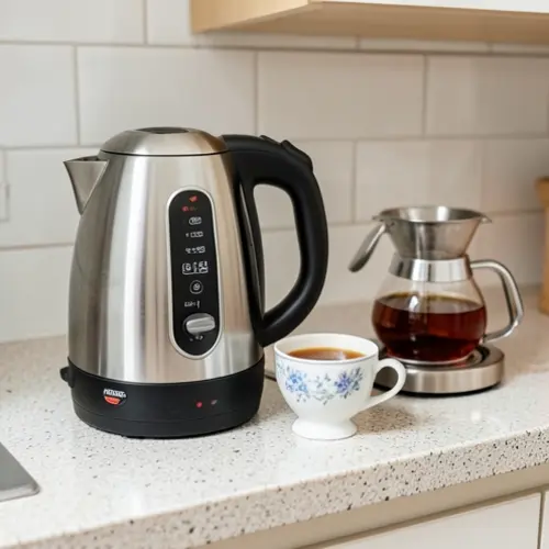 Hervidor para té y café por qué la temperatura cambia el resultado con selector visible, taza de té y preparación manual de café en cocina real