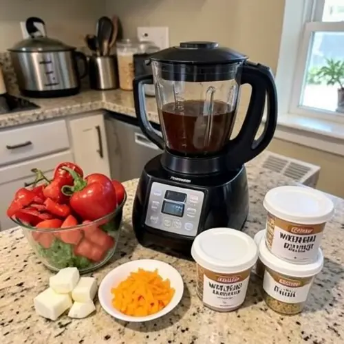 Cómo organizar menús semanales con un robot de cocina con ingredientes base, táperes y un robot en una cocina doméstica real