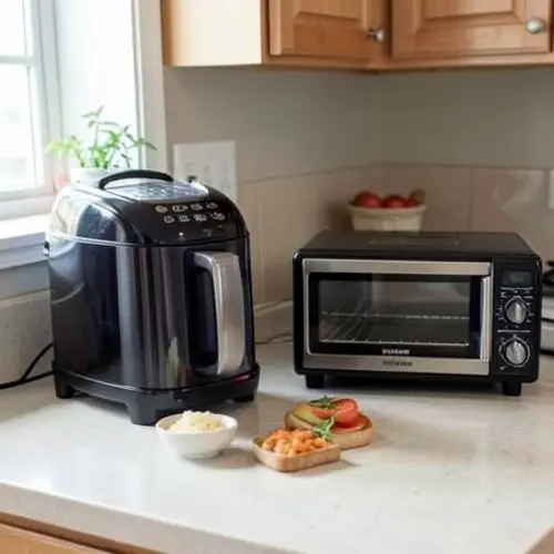 Freidora de aire o horno pequeño comparados en la misma encimera con bandeja, cestillo y comida de diario