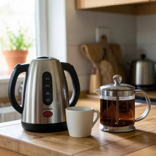 Se puede calentar leche o preparar infusiones en un hervidor con hervidor eléctrico, taza y tetera en una cocina doméstica real
