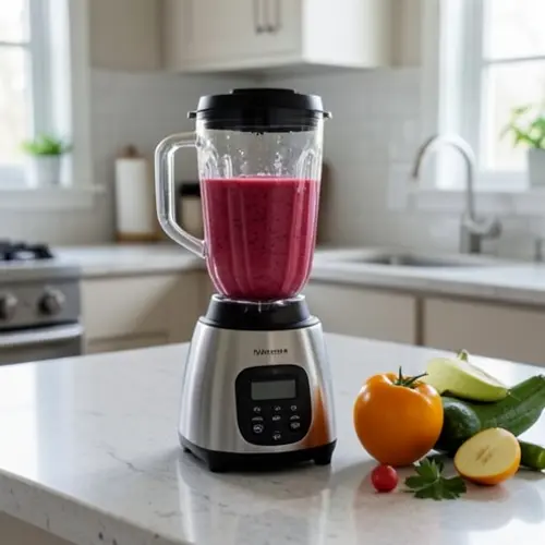 Batidora silenciosa qué mirar antes de comprar con vaso bien asentado, ingredientes para smoothie y encimera doméstica ordenada