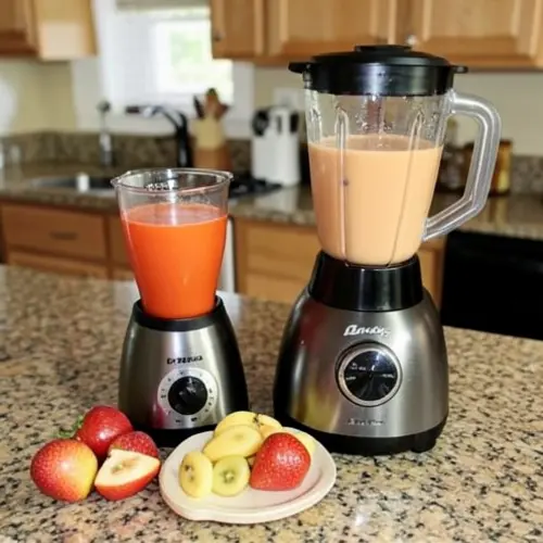 Cuándo conviene una licuadora y cuándo una batidora de vaso con ambos aparatos, fruta cortada y dos resultados distintos en la encimera