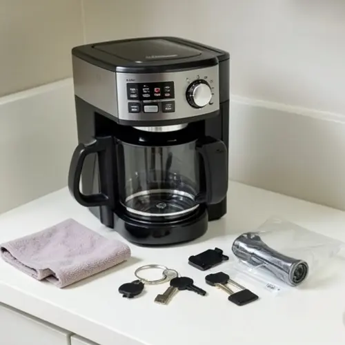 Mantenimiento básico para alargar la vida de una cafetera con depósito vacío, paño suave y piezas principales revisadas en una encimera limpia