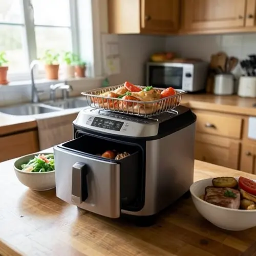 Merece la pena una freidora de aire barata con freidora compacta, cesta y comida de uso diario en una cocina doméstica